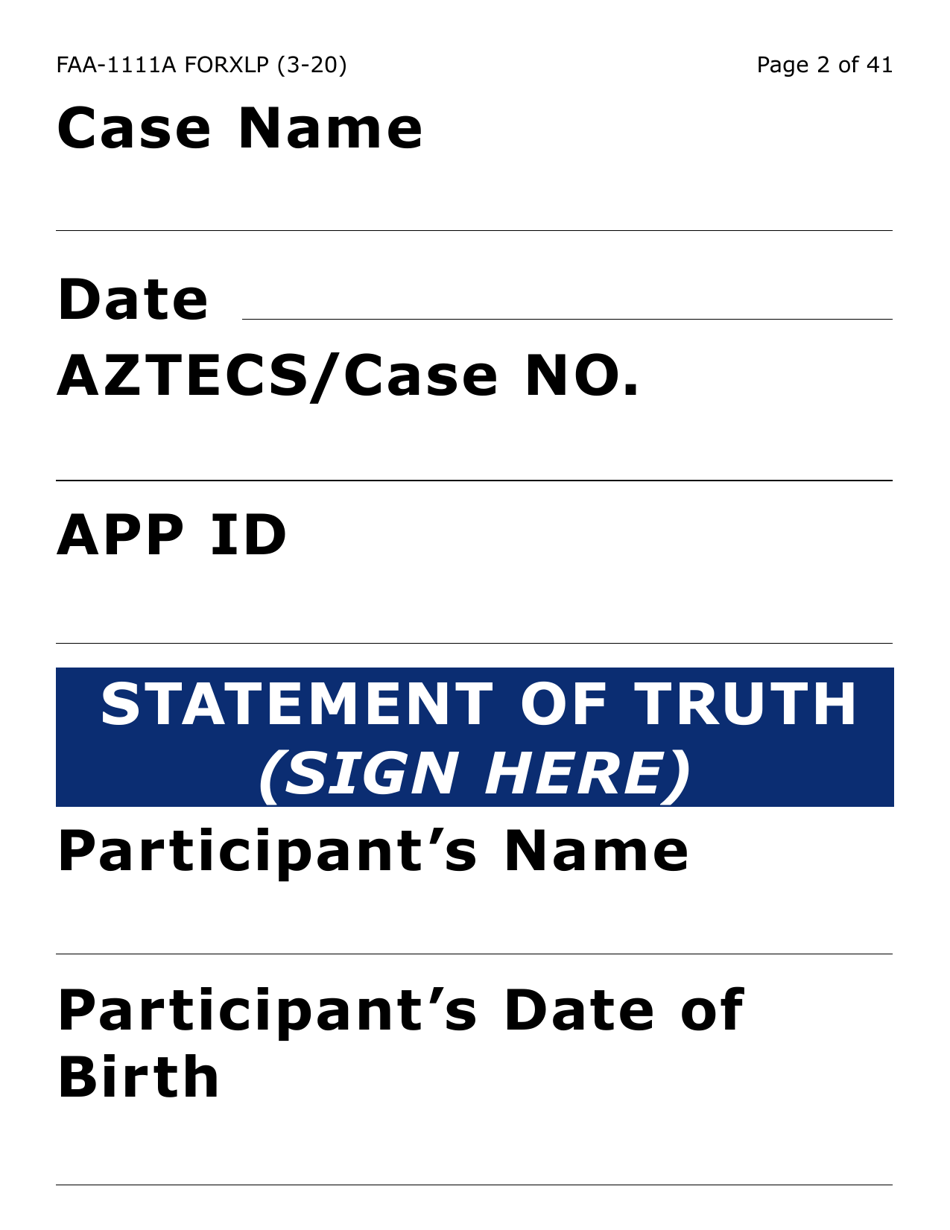 Form FAA-1111A-XLP Participant Statement Verification Worksheet (Extra Large Print) - Arizona, Page 2