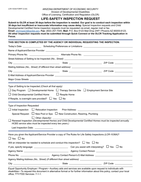 Form LCR-1033A Life-Safety Inspection Request - Arizona