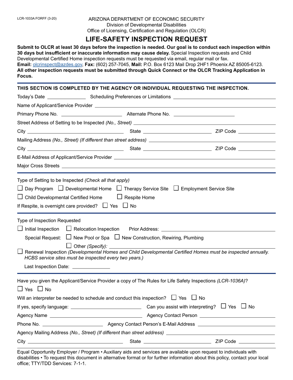 Form LCR-1033A Life-Safety Inspection Request - Arizona, Page 1