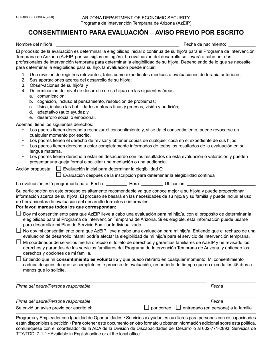 Formulario GCI-1038B Consentimiento Para Evaluacion - Aviso Previo Por Escrito - Arizona (Spanish), Page 1