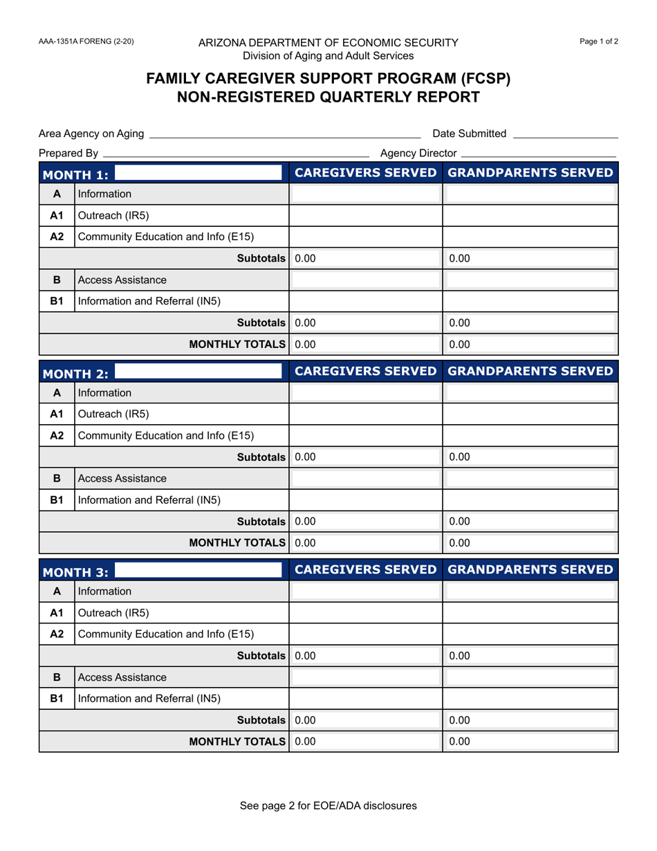 Form AAA-1351A Family Caregiver Support Program (Fcsp) Non-registered Quarterly Report - Arizona, Page 1