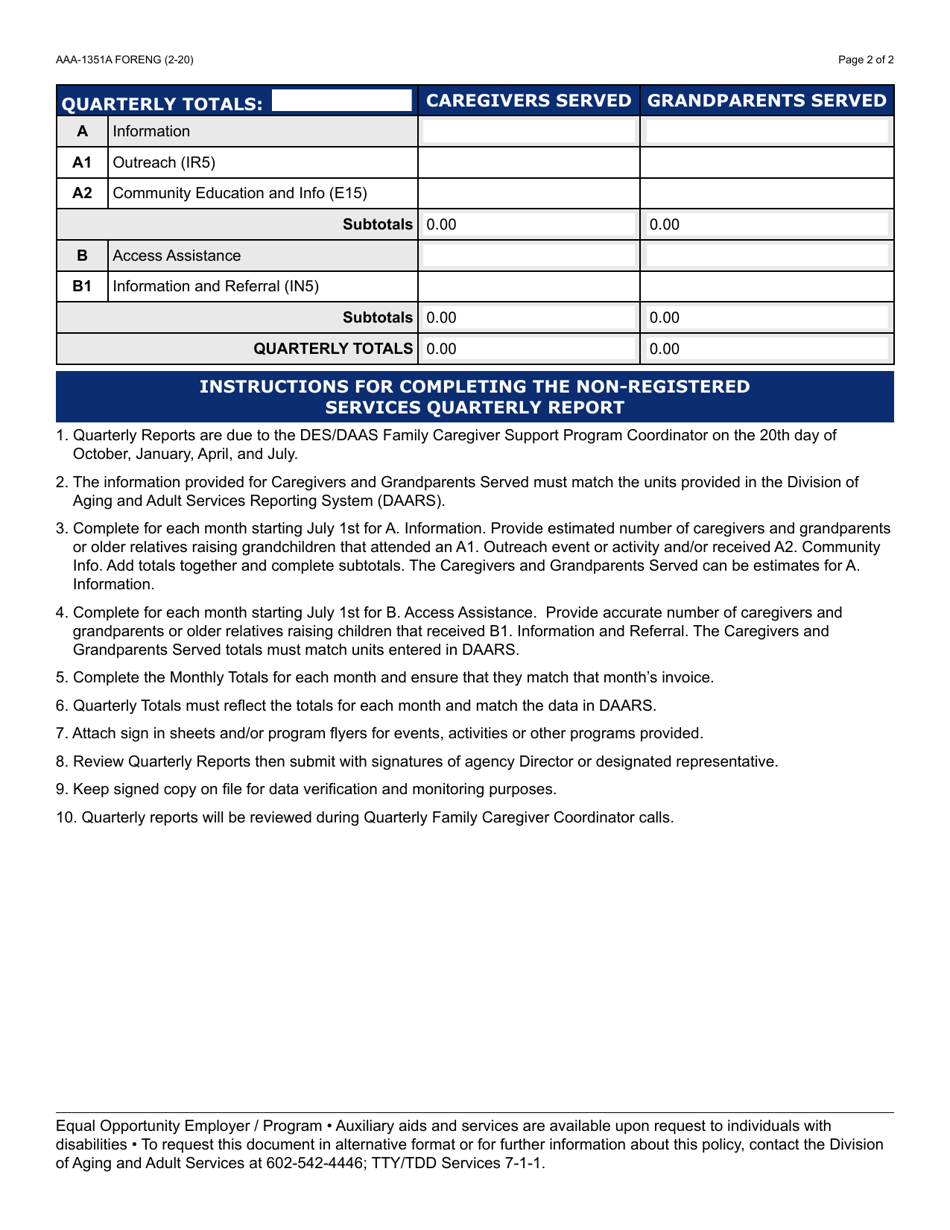 Form AAA-1351A Family Caregiver Support Program (Fcsp) Non-registered Quarterly Report - Arizona, Page 2