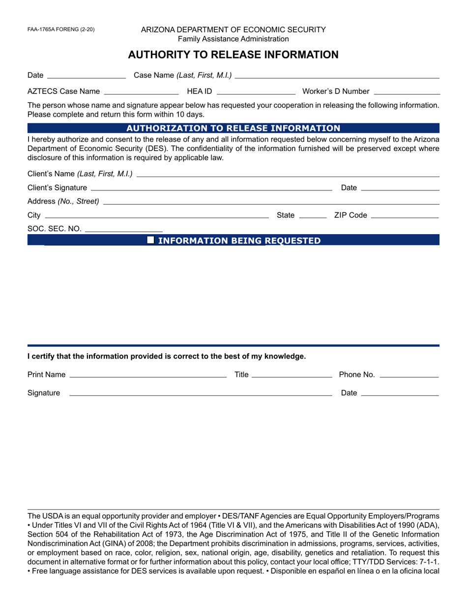 Form FAA-1765A Authority to Release Information - Arizona, Page 1