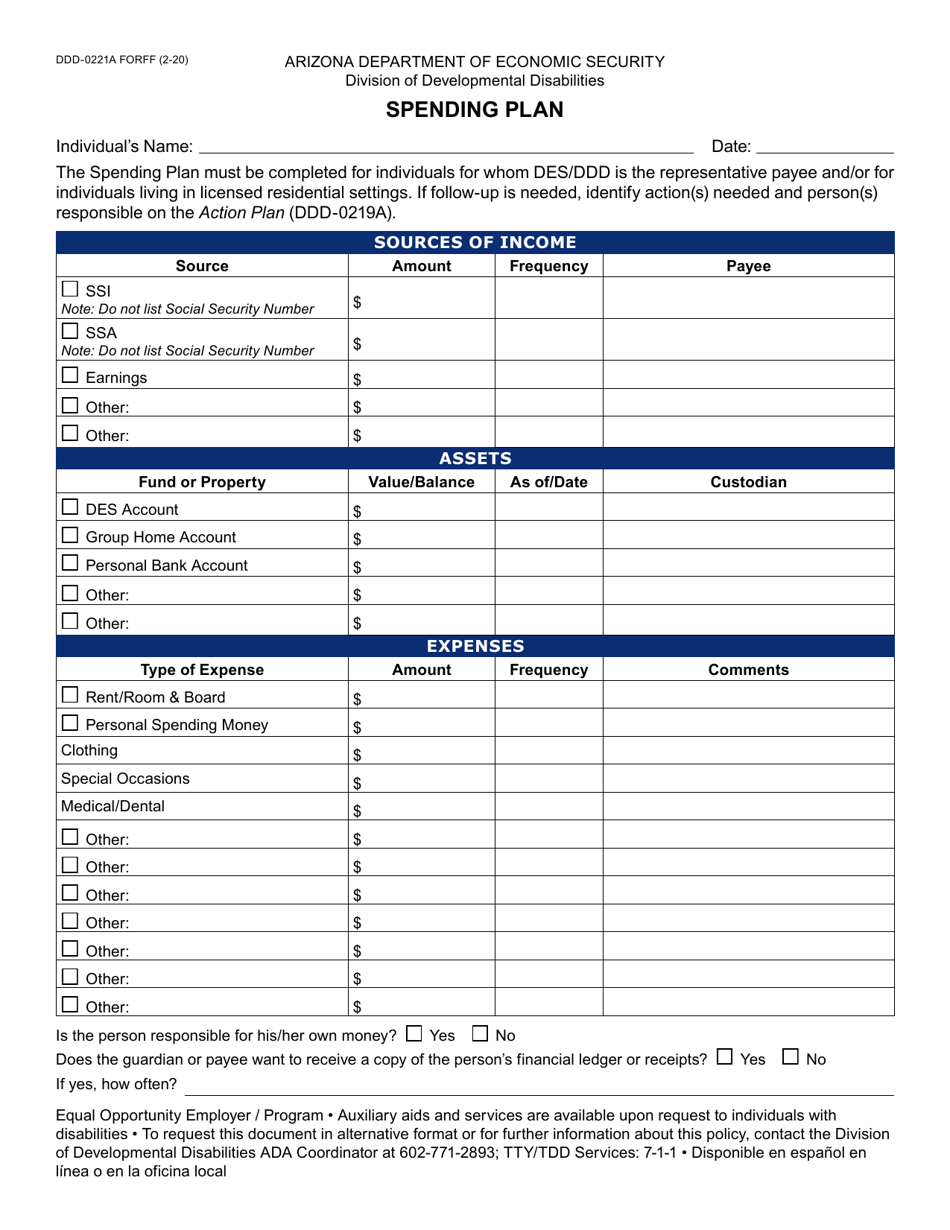 Form DDD-0221A Spending Plan - Arizona, Page 1