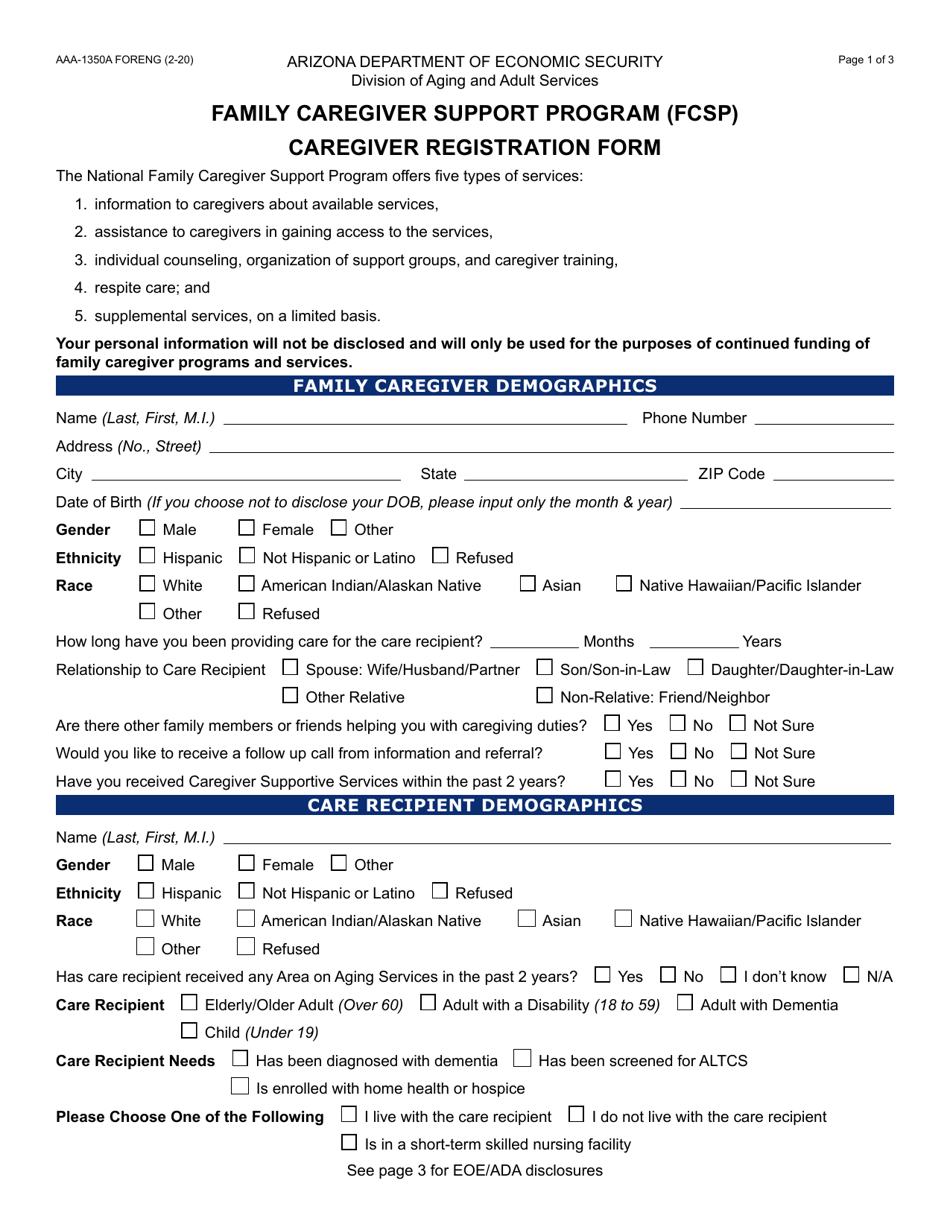 Form AAA-1350A Family Caregiver Support Program (Fcsp) Caregiver Registration Form - Arizona, Page 1