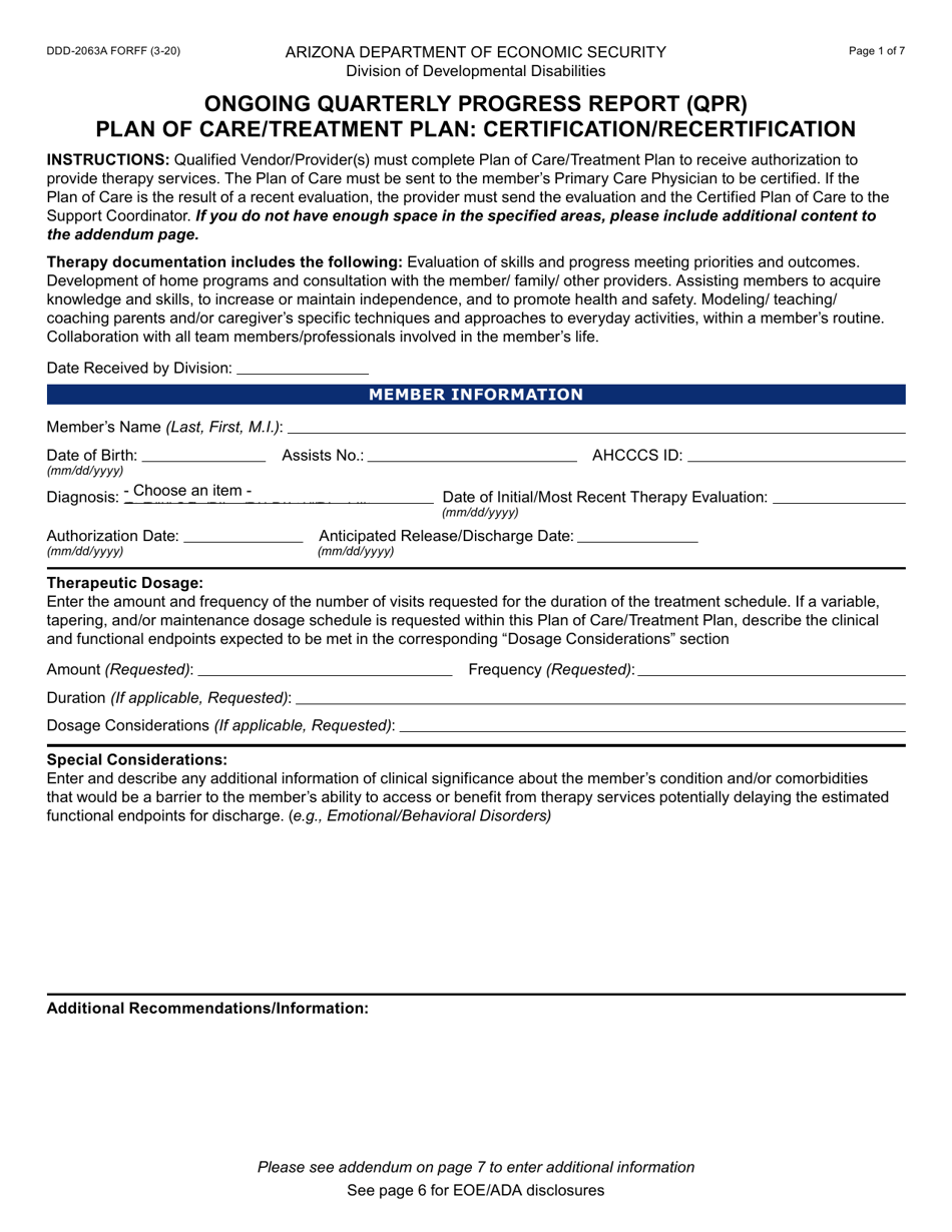 Form DDD-2063A Ongoing Quarterly Progress Report (Qpr) Plan of Care / Treatment Plan: Certification / Recertification - Arizona, Page 1