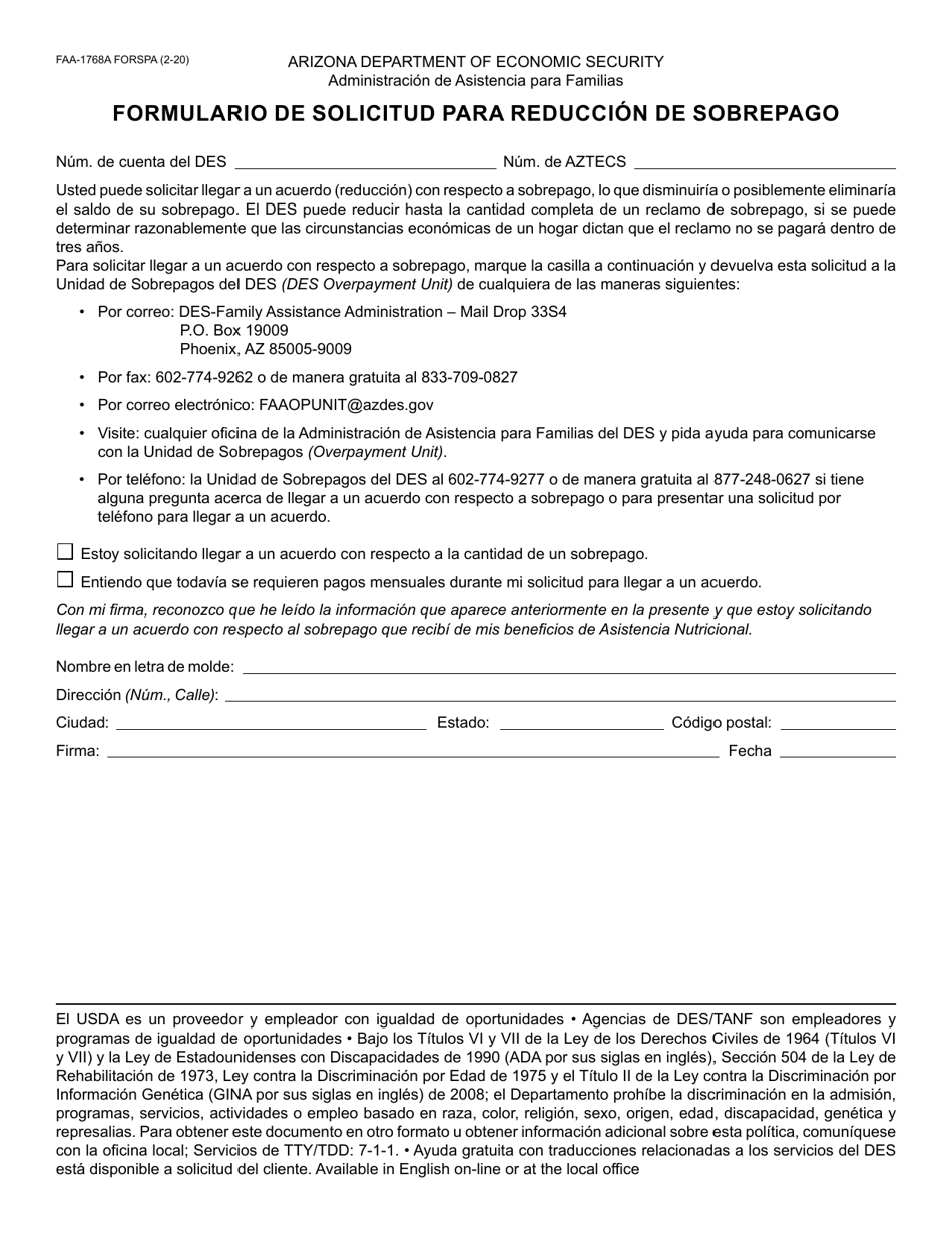 Formulario FAA-1768A Formulario De Solicitud Para Reduccion De Sobrepago - Arizona (Spanish), Page 1