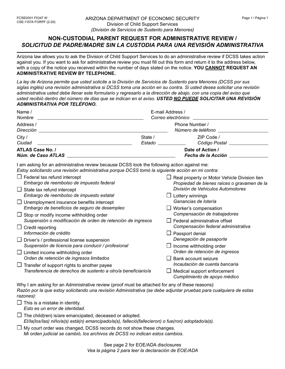 Form CSE-1157A Non-custodial Parent Request for Administrative Review - Arizona (English / Spanish), Page 1