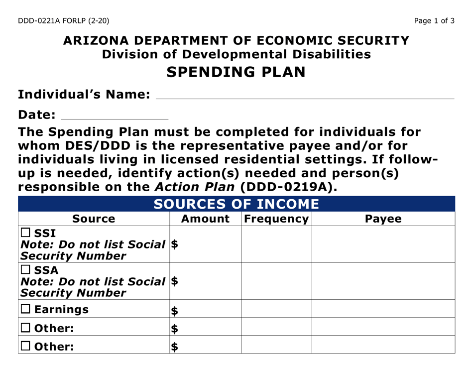 Form DDD-0221A-LP Spending Plan (Large Print) - Arizona, Page 1