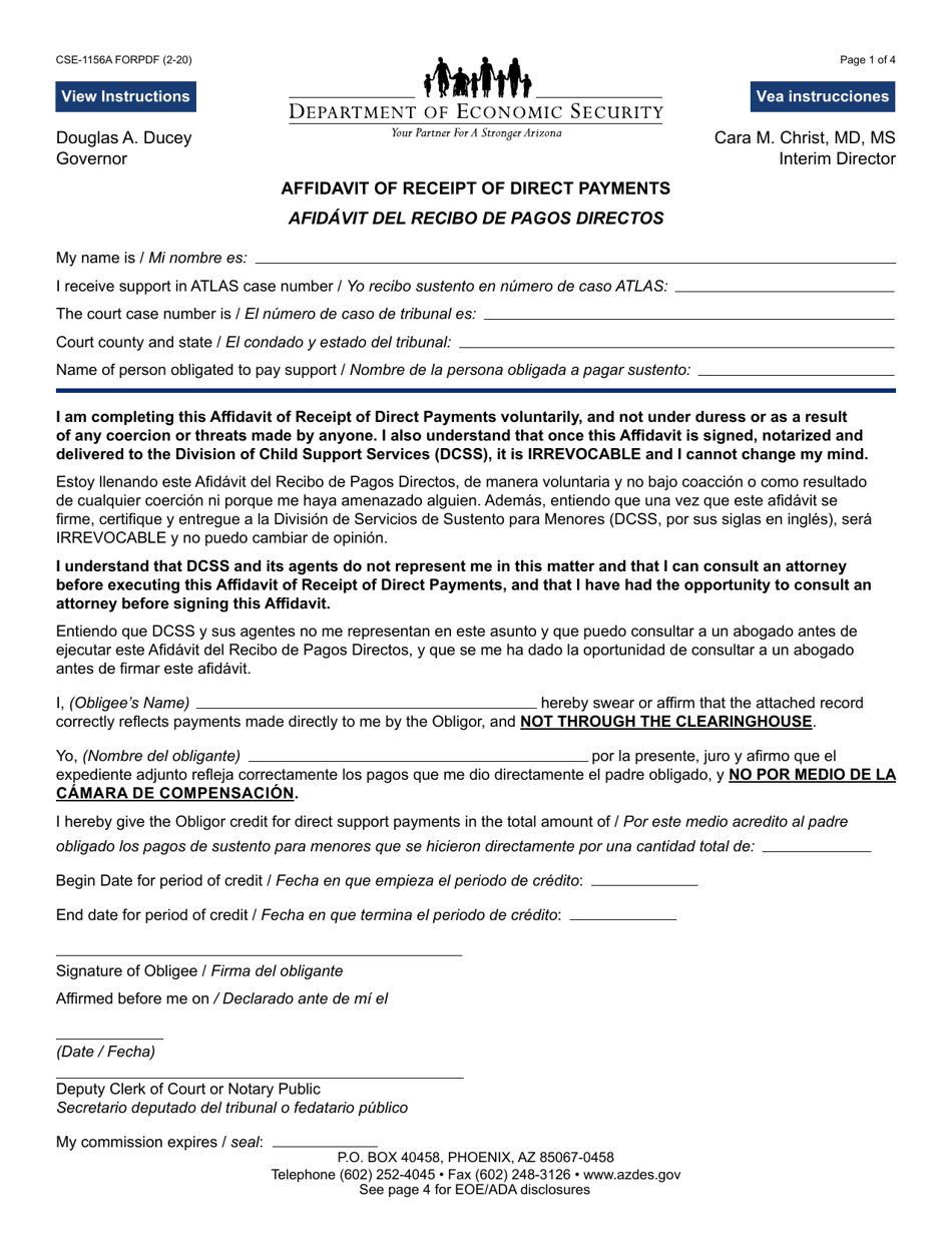 Form CSE-1156A Affidavit of Receipt of Direct Payments - Arizona (English / Spanish), Page 1