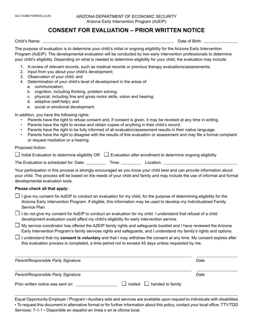 Form GCI-1038B Consent for Evaluation - Prior Written Notice - Arizona