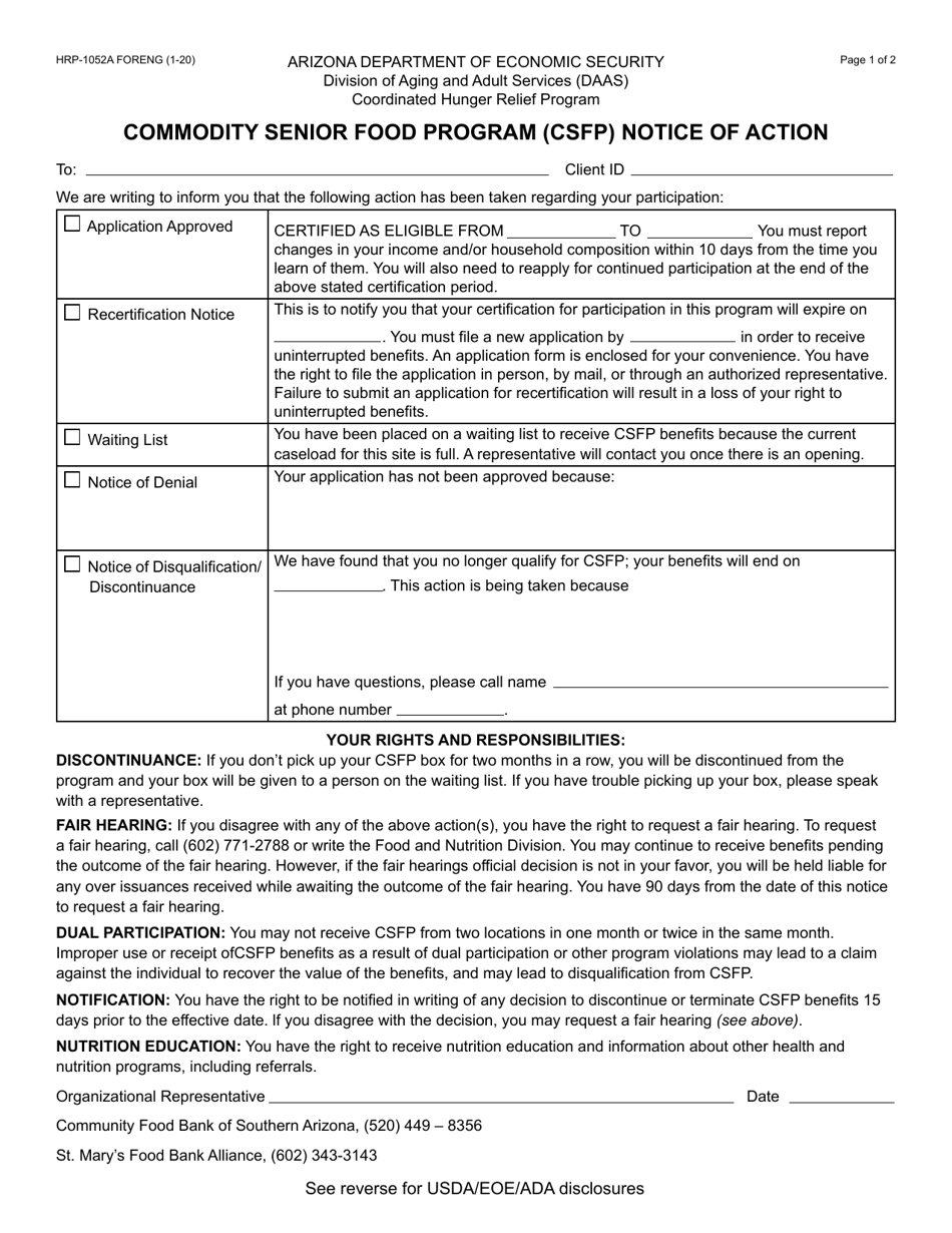 Form HRP-1052A Commodity Senior Food Program (Csfp) Notice of Action - Arizona, Page 1