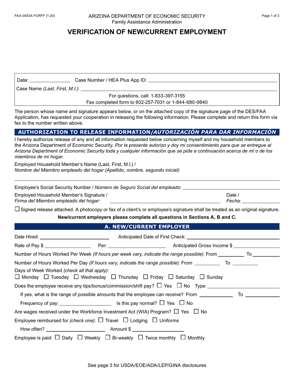 Form FAA-0053A Verification of New / Current Employment - Arizona, Page 1