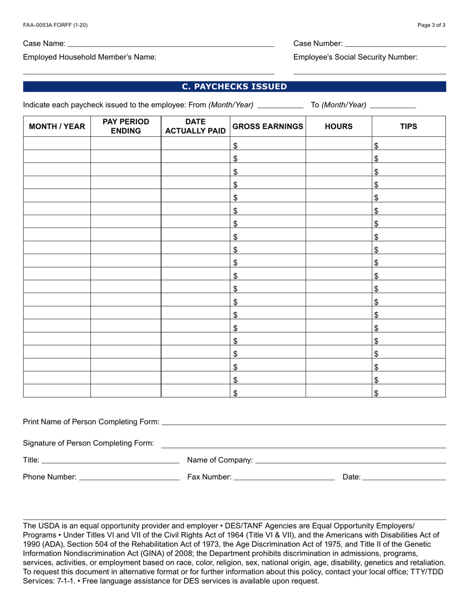Form FAA-0053A Verification of New / Current Employment - Arizona, Page 3
