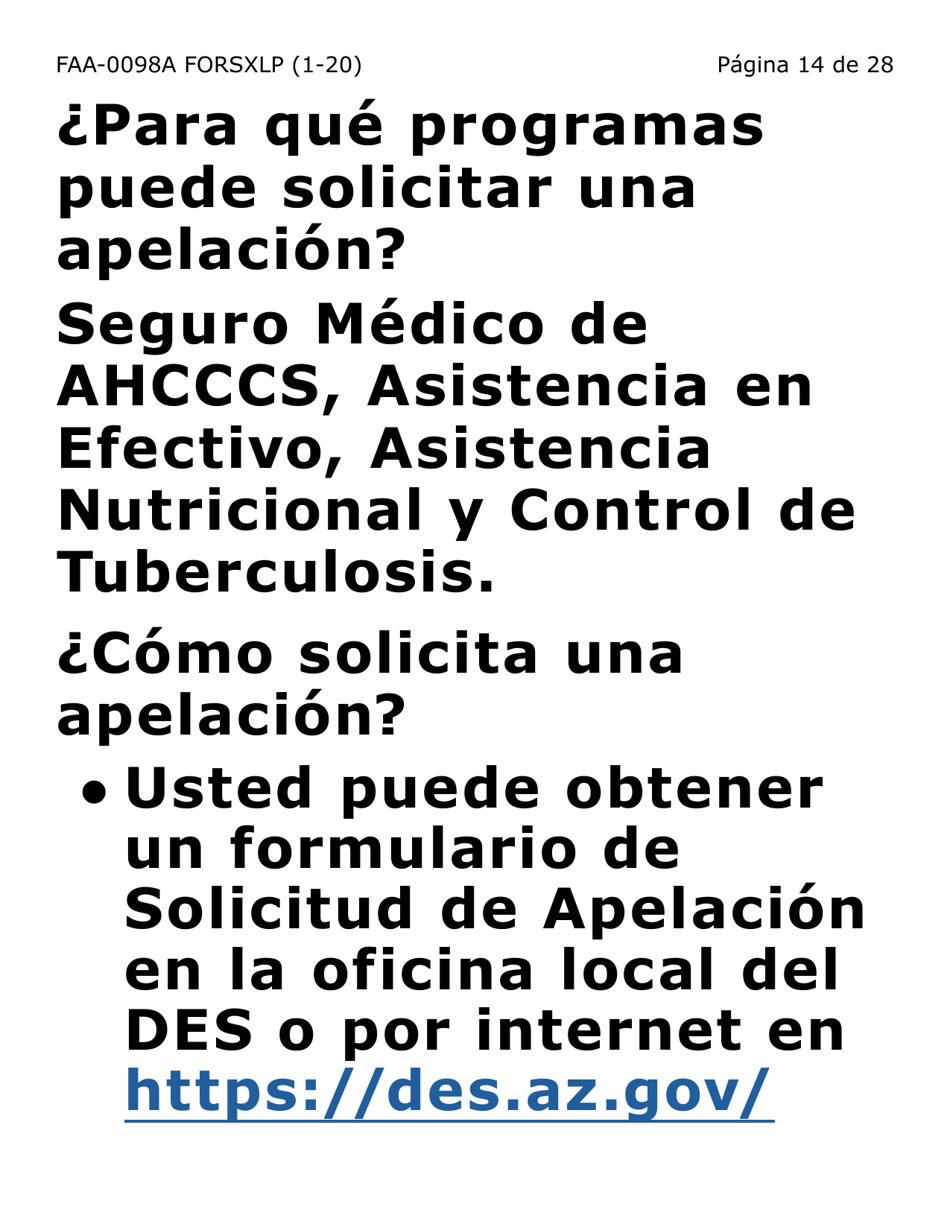 Formulario FAA-0098A-SXLP Solicitud De Apelacion (Letra Extra Grande) - Arizona (Spanish), Page 14