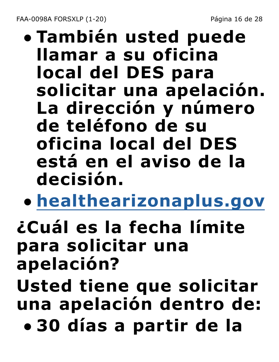 Formulario FAA-0098A-SXLP Solicitud De Apelacion (Letra Extra Grande) - Arizona (Spanish), Page 16