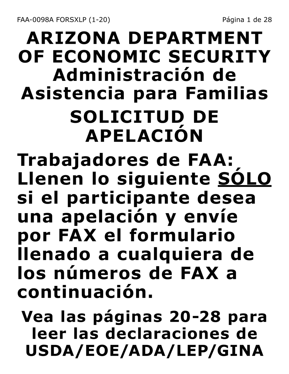Formulario FAA-0098A-SXLP Solicitud De Apelacion (Letra Extra Grande) - Arizona (Spanish), Page 1