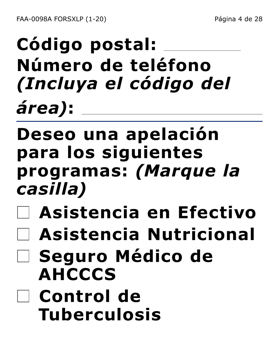 Formulario FAA-0098A-SXLP Solicitud De Apelacion (Letra Extra Grande) - Arizona (Spanish), Page 4