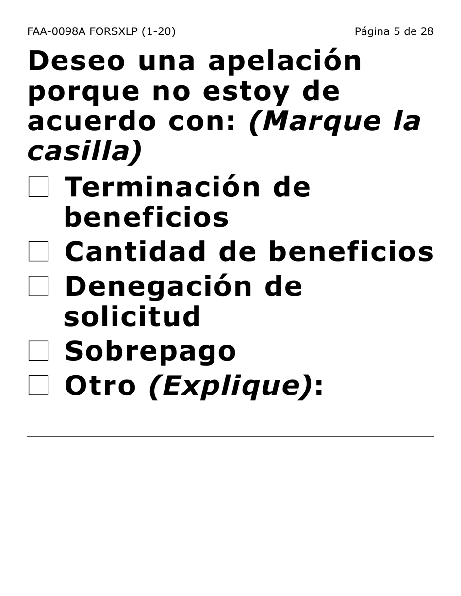 Formulario FAA-0098A-SXLP Solicitud De Apelacion (Letra Extra Grande) - Arizona (Spanish), Page 5
