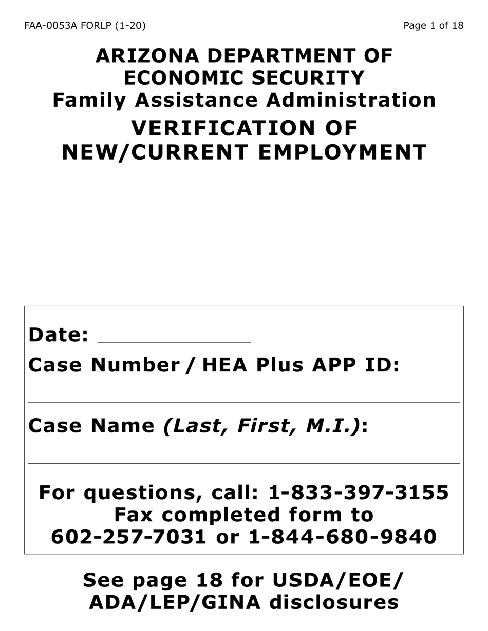 Form FAA-0053A-LP Verification of New / Current Employment (Large Print) - Arizona, Page 1