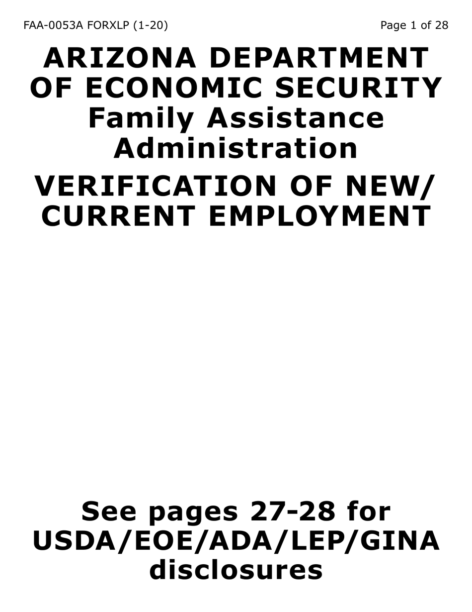 Form FAA-0053A-XLP Verification of New / Current Employment (Extra Large Print) - Arizona, Page 1