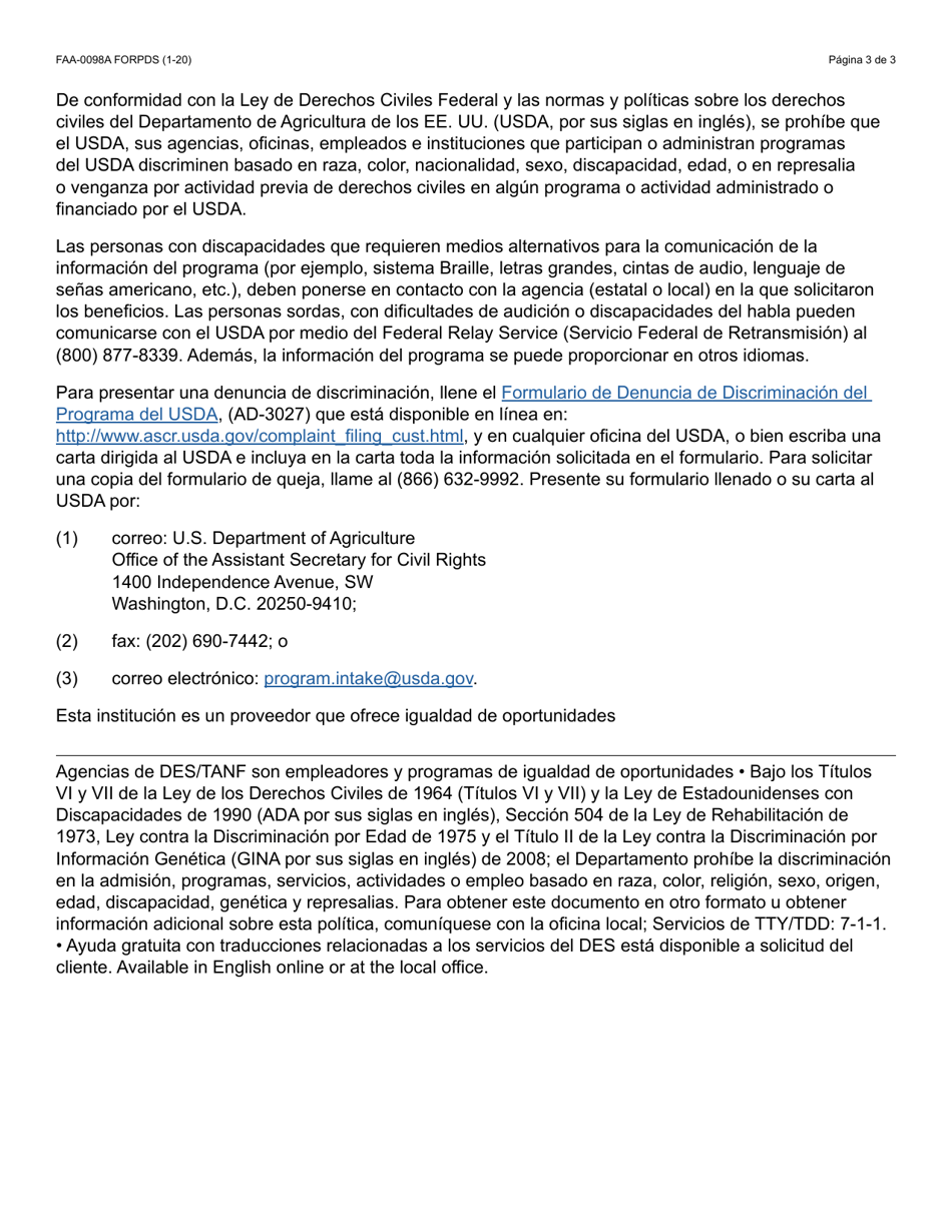 Formulario FAA-0098A-S Solicitud De Apelacion - Arizona (Spanish), Page 3