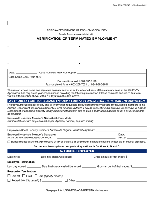Form FAA-1701A Verification of Terminated Employment - Arizona