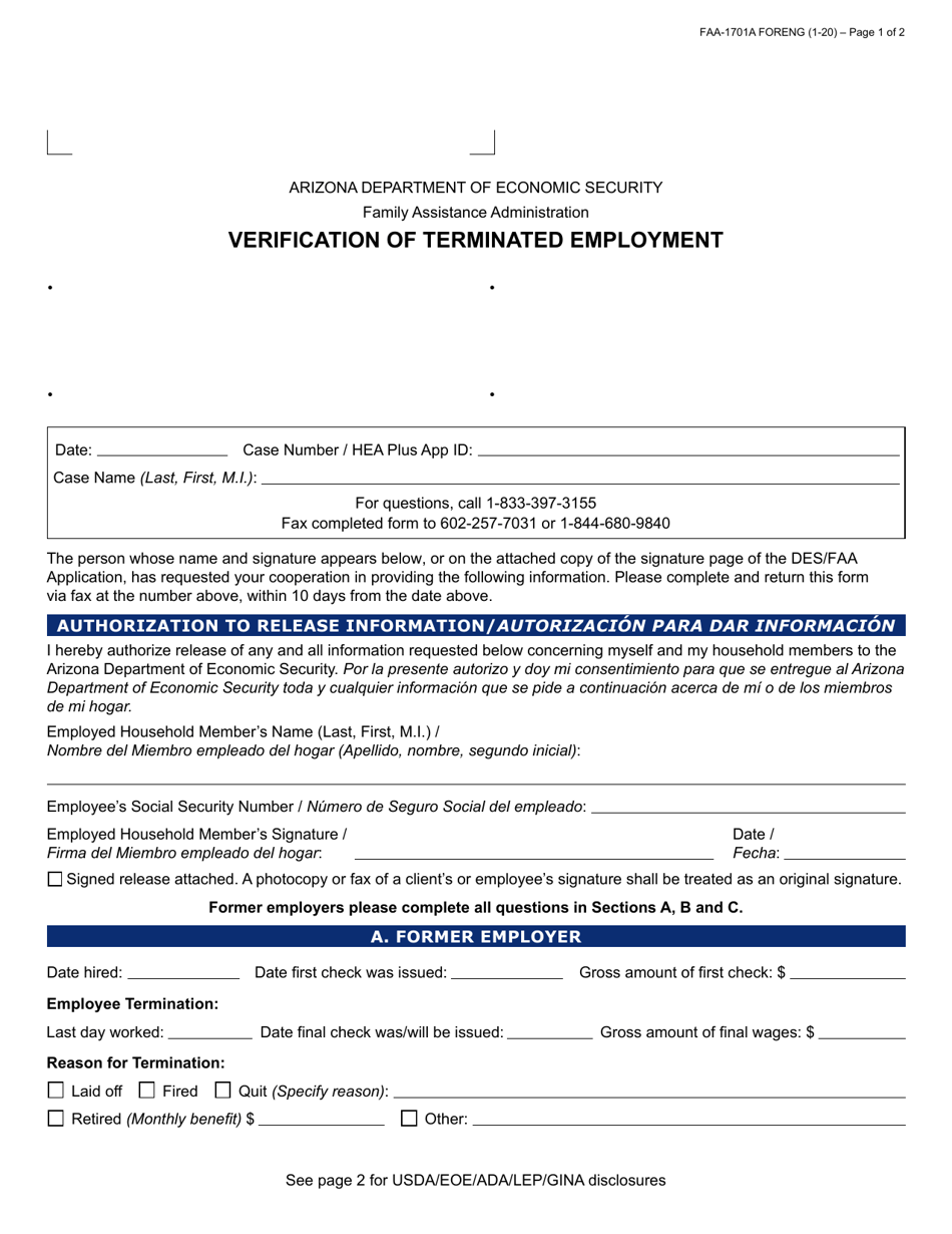Form FAA-1701A Verification of Terminated Employment - Arizona, Page 1