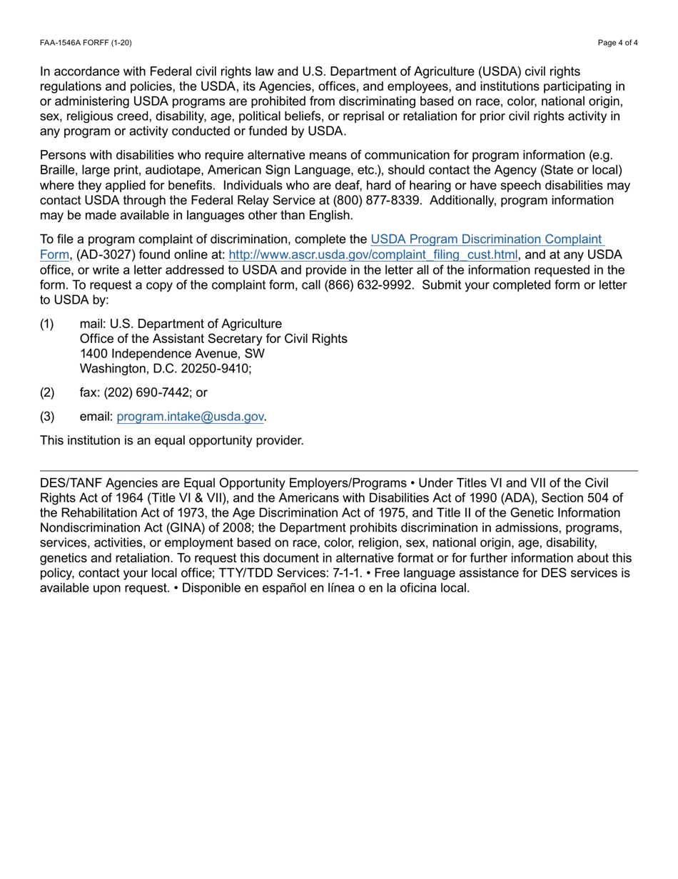 Form FAA-1546A Sponsor Deeming Information - Arizona, Page 4