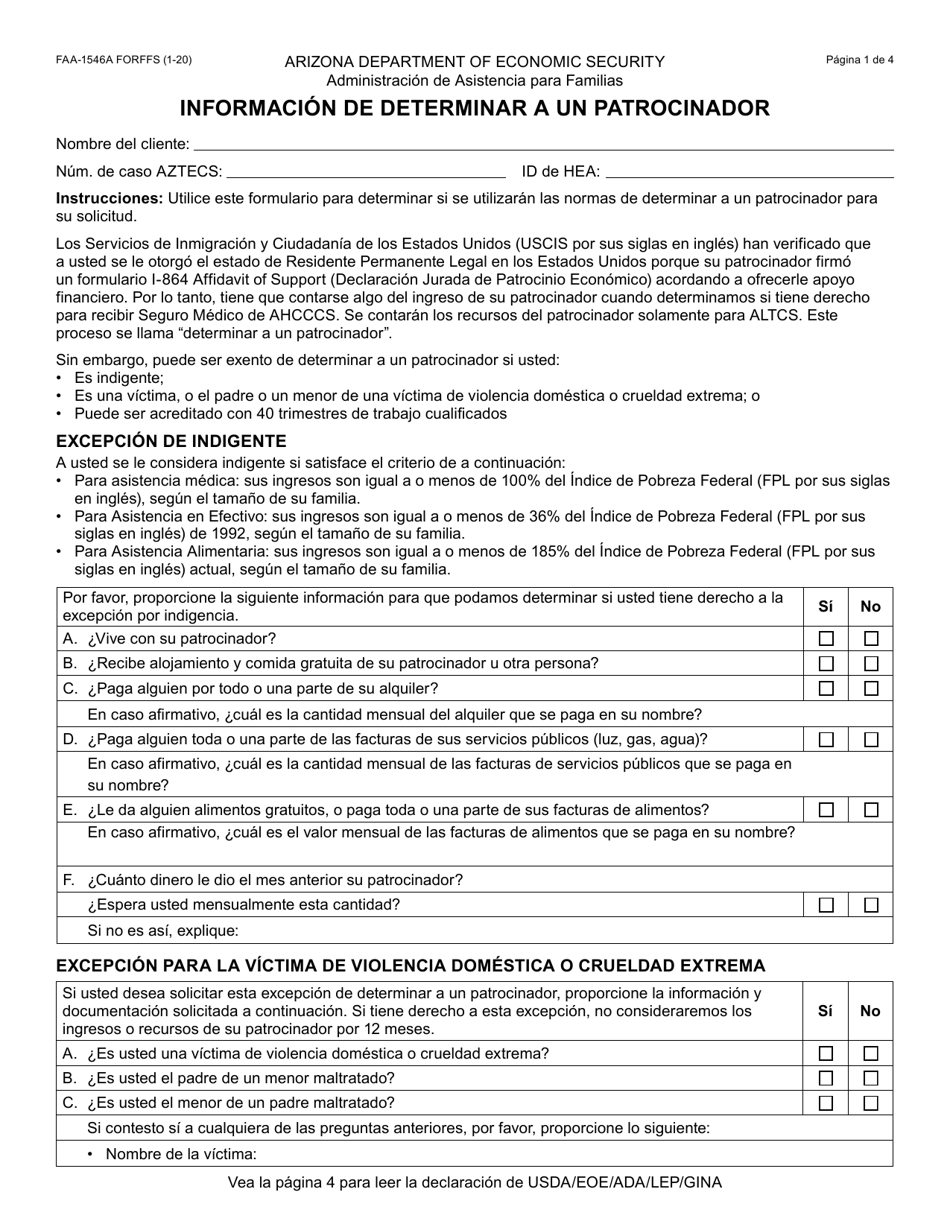 Formulario FAA-1546A-S Informacion De Determinar a Un Patrocinador - Arizona (Spanish), Page 1