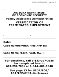 Document preview: Form FAA-1701A-LP Verification of Terminated Employment (Large Print) - Arizona