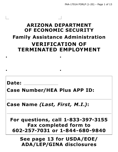 Form FAA-1701A-LP Verification of Terminated Employment (Large Print) - Arizona