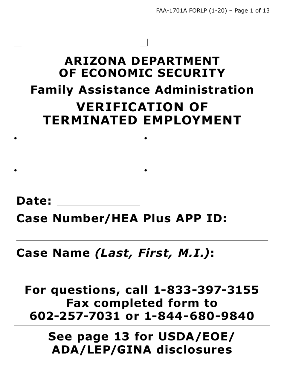 Form FAA-1701A-LP Verification of Terminated Employment (Large Print) - Arizona, Page 1