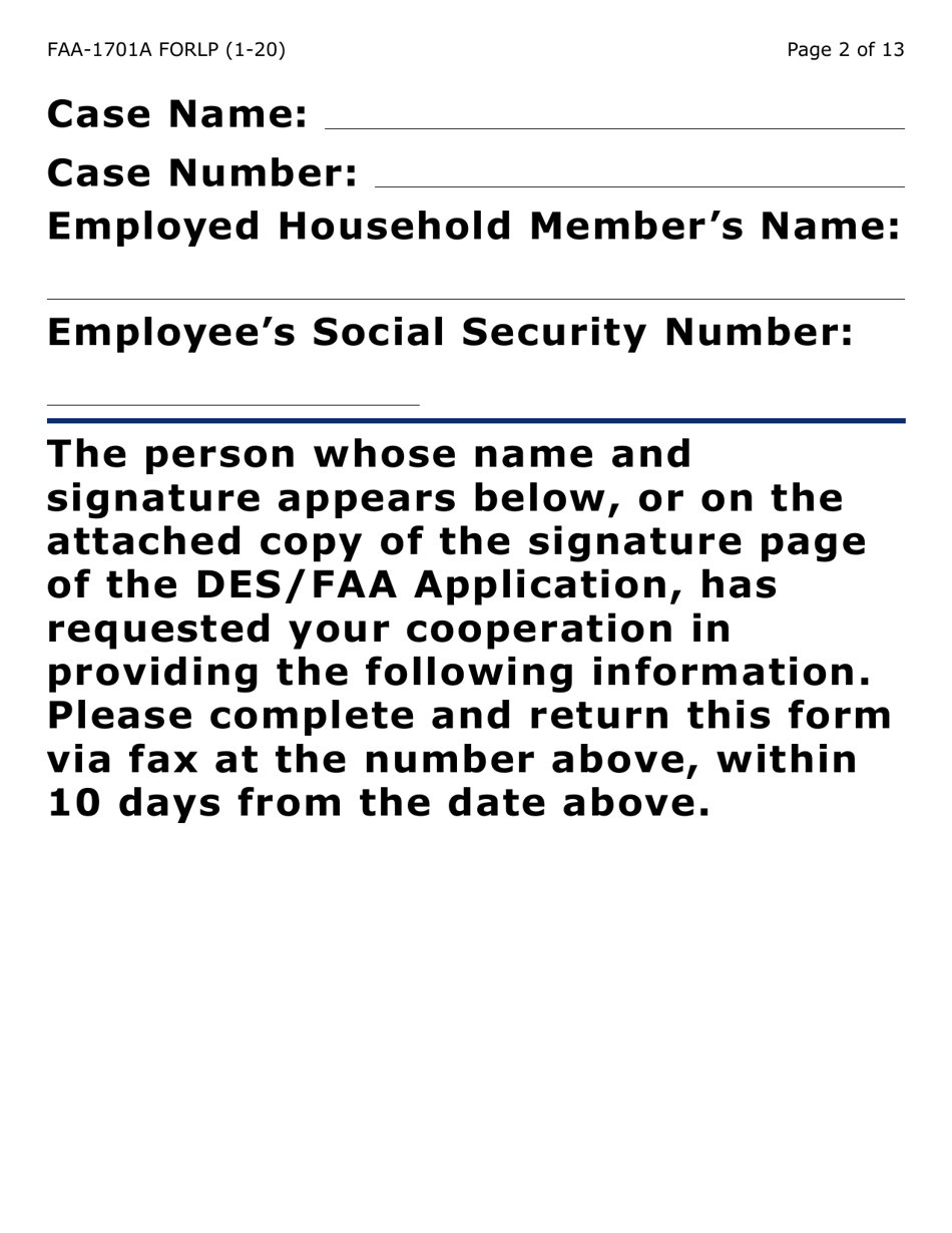Form FAA-1701A-LP Verification of Terminated Employment (Large Print) - Arizona, Page 2
