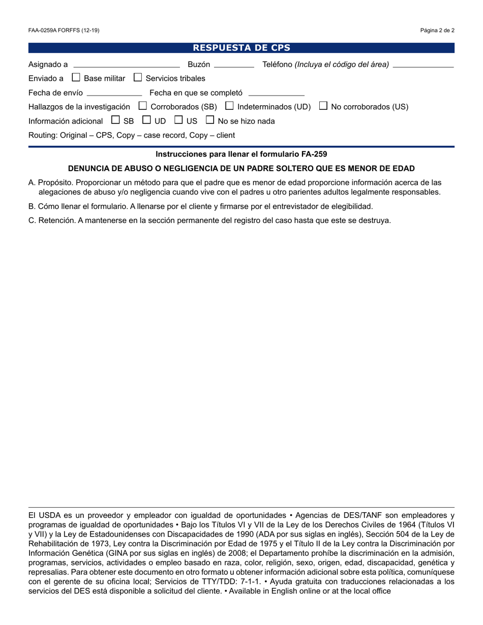Formulario FAA-0259A-S Denuncia De Abuso O Negligencia De Un Padre Soltero Que Es Menor De Edad - Arizona (Spanish), Page 2