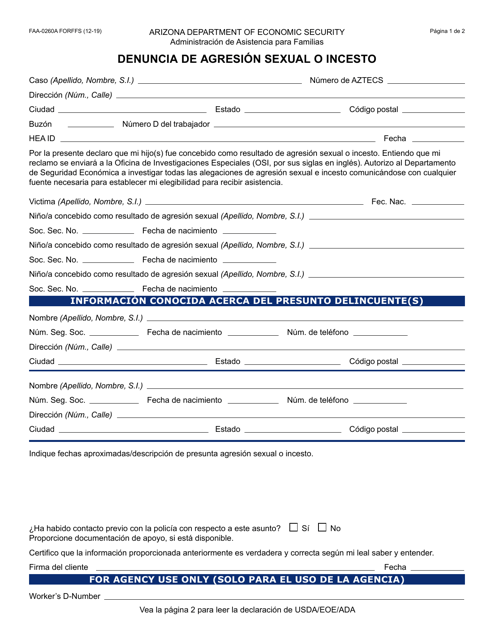 Formulario FAA-0260A-S Denuncia De Agresion Sexual O Incesto - Arizona (Spanish)