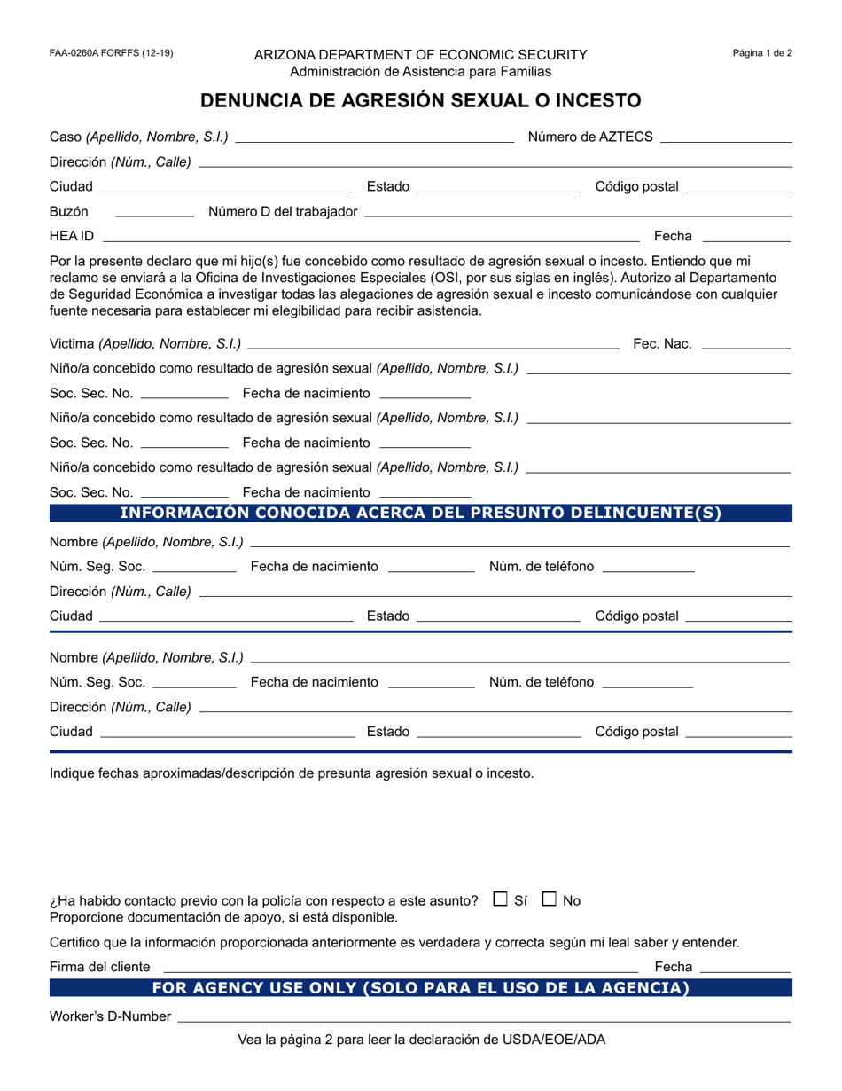 Formulario FAA-0260A-S Denuncia De Agresion Sexual O Incesto - Arizona (Spanish), Page 1