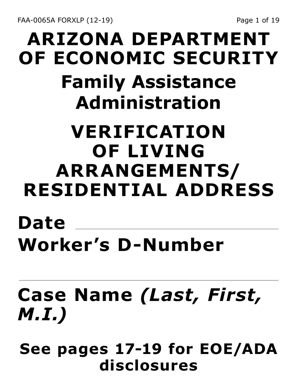 Form FAA-0065A-XLP Verification of Living Arrangements / Residential Address (Extra Large Print) - Arizona, Page 1