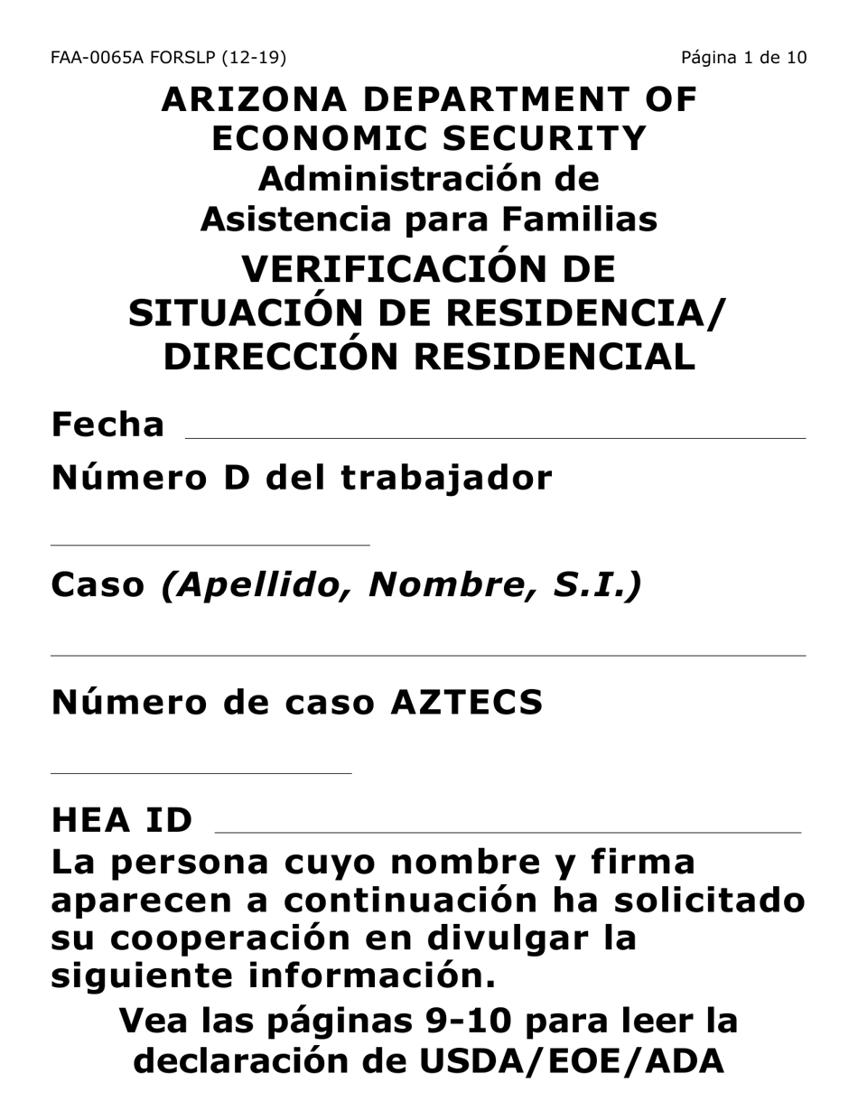 Formulario FAA-0065A-SLP Verificacion De Situacion De Residencia / Direccion Residencial (Letra Grande) - Arizona (Spanish), Page 1