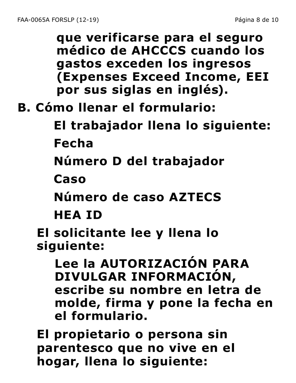 Formulario FAA-0065A-SLP Verificacion De Situacion De Residencia / Direccion Residencial (Letra Grande) - Arizona (Spanish), Page 8