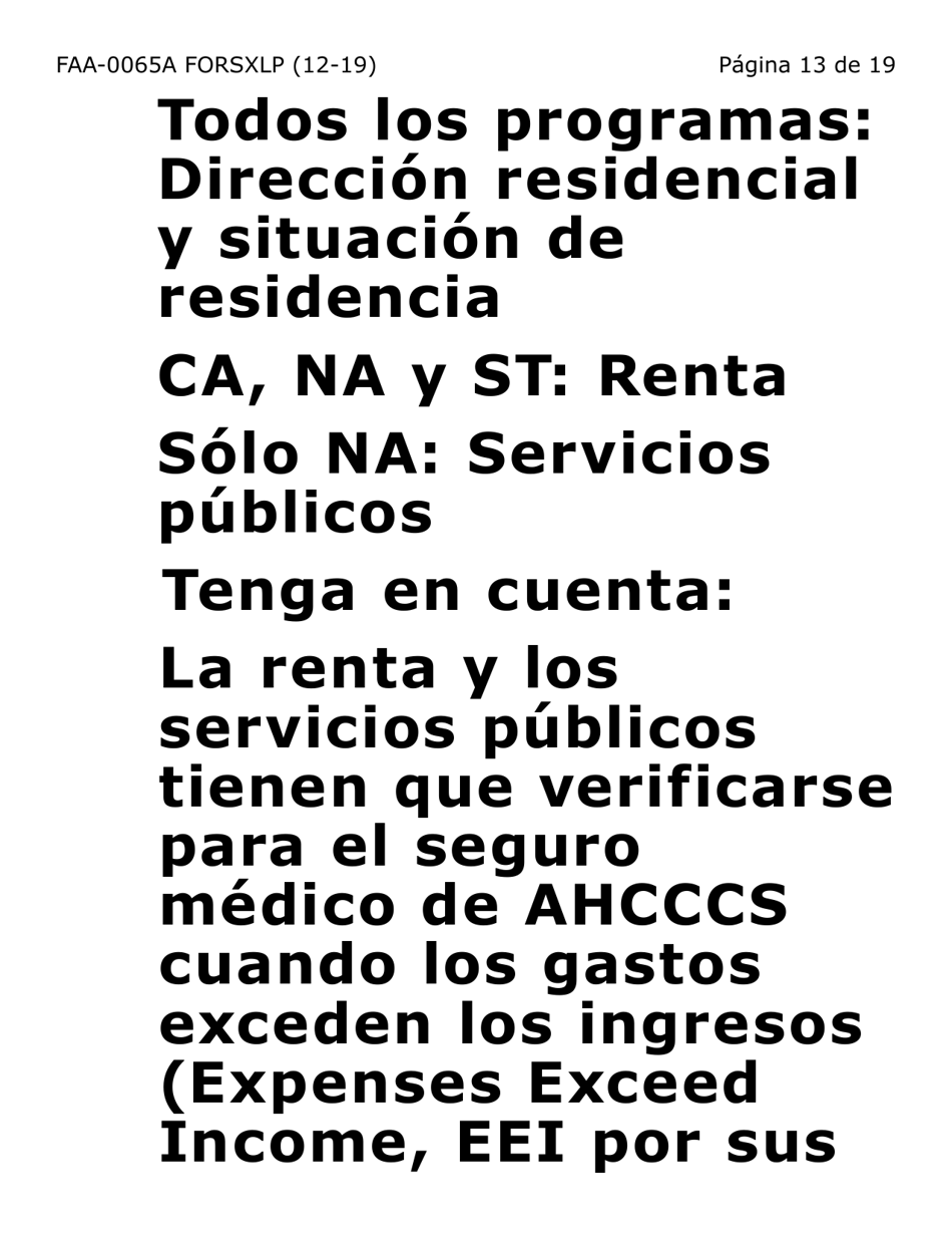 Formulario FAA-0065A-SXLP Verificacion De Situacion De Residencia / Direccion Residencial (Letra Extra Grande) - Arizona (Spanish), Page 13
