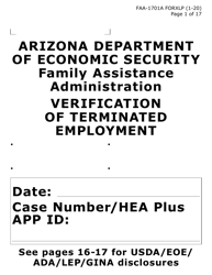 Form FAA-1701A-XLP Verification of Terminated Employment (Extra Large Print) - Arizona