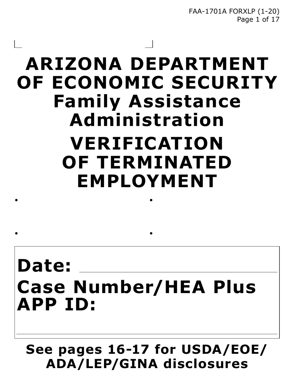 Form FAA-1701A-XLP Verification of Terminated Employment (Extra Large Print) - Arizona, Page 1