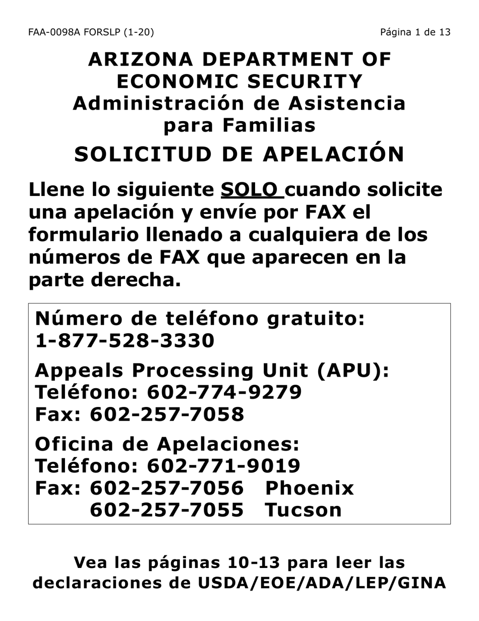 Formulario FAA-0098A-SLP Solicitud De Apelacion (Letra Grande) - Arizona (Spanish), Page 1