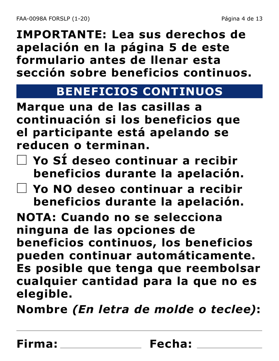 Formulario FAA-0098A-SLP Solicitud De Apelacion (Letra Grande) - Arizona (Spanish), Page 4