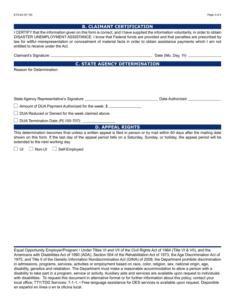 Form ETA-83 Weekly Request for Assistance Disaster Relief Act of 1974 - Arizona, Page 3