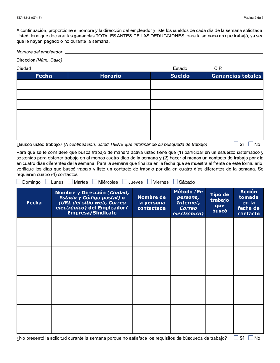 Formulario ETA-83-S Solicitud Semanal De Assistencia Ley De Ayuda En Desastres De 1974 - Arizona (Spanish), Page 2