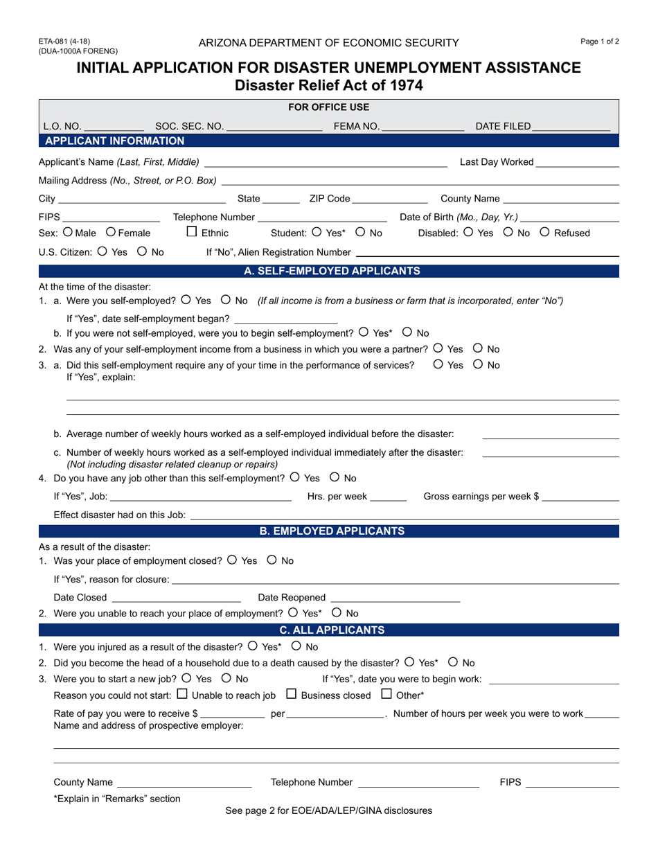 Form ETA-081 Initial Application for Disaster Unemployment Assistance - Arizona, Page 1