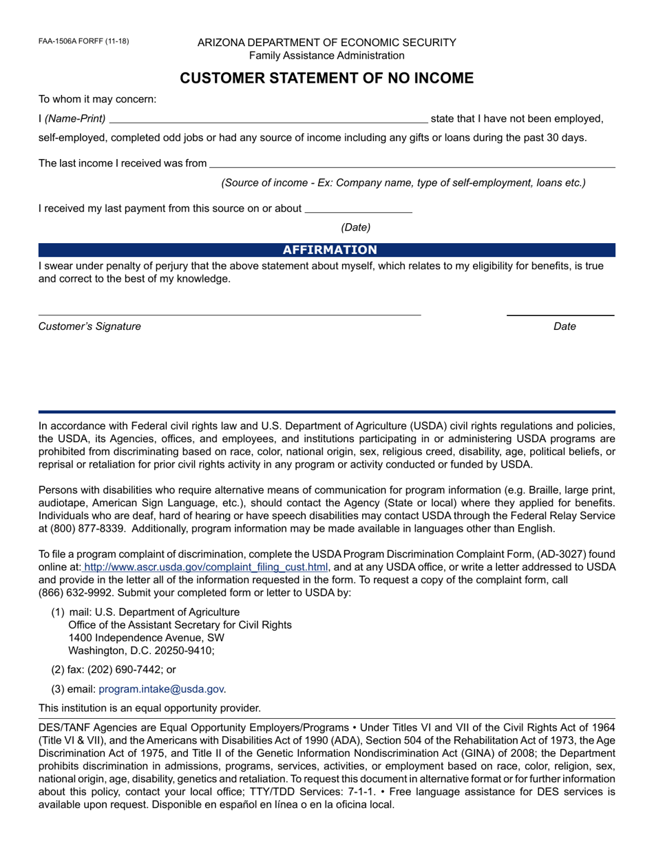 Form FAA-1506A Customer Statement of No Income - Arizona, Page 1