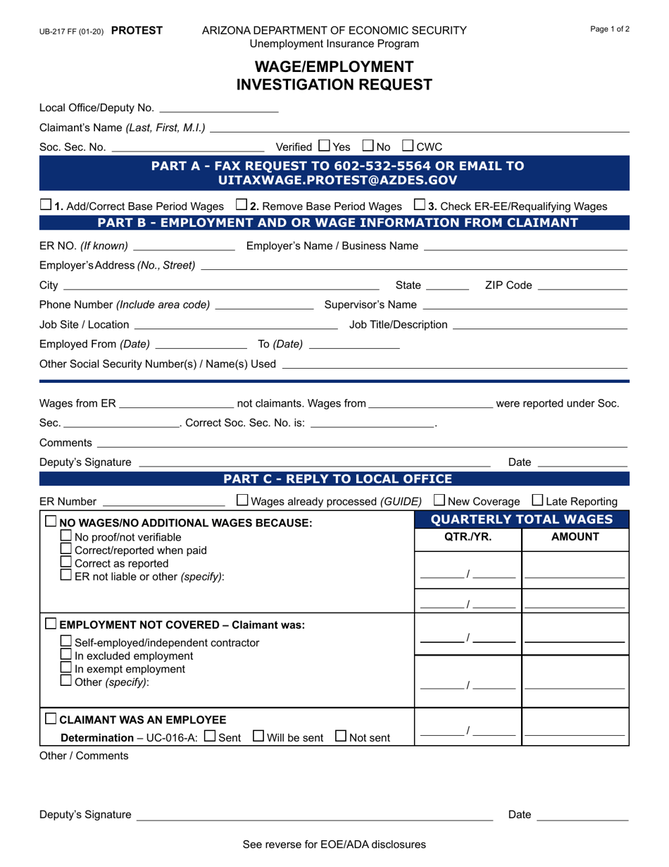 Form UB-217-FF Wage / Employment Investigation Request - Arizona, Page 1